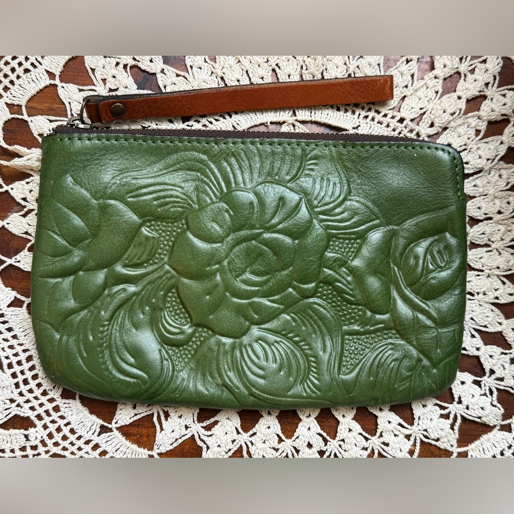 Patricia Nash Green Floral Embossed Leather Wristlet